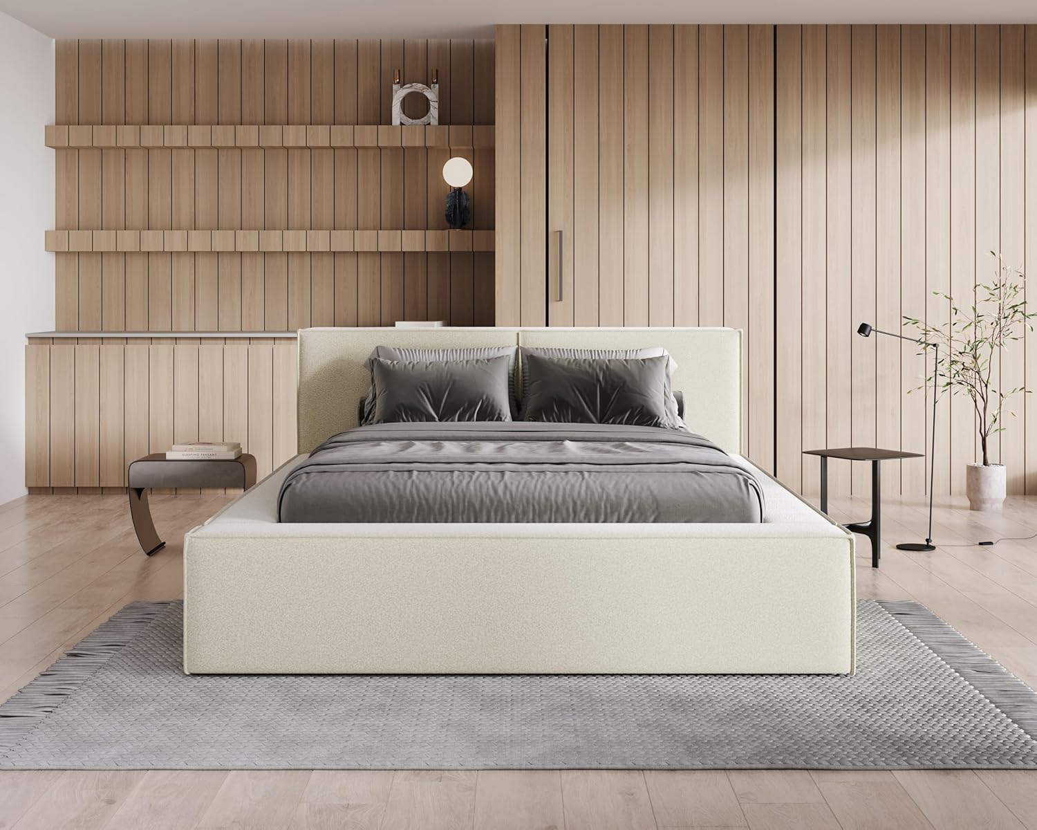 Chilly. Design Bett Lugano - Polsterbett 200x200 mit Bettkasten, Lattenrost und Kopfteil - Eleganter Bouclé-Stoffbezug Beige