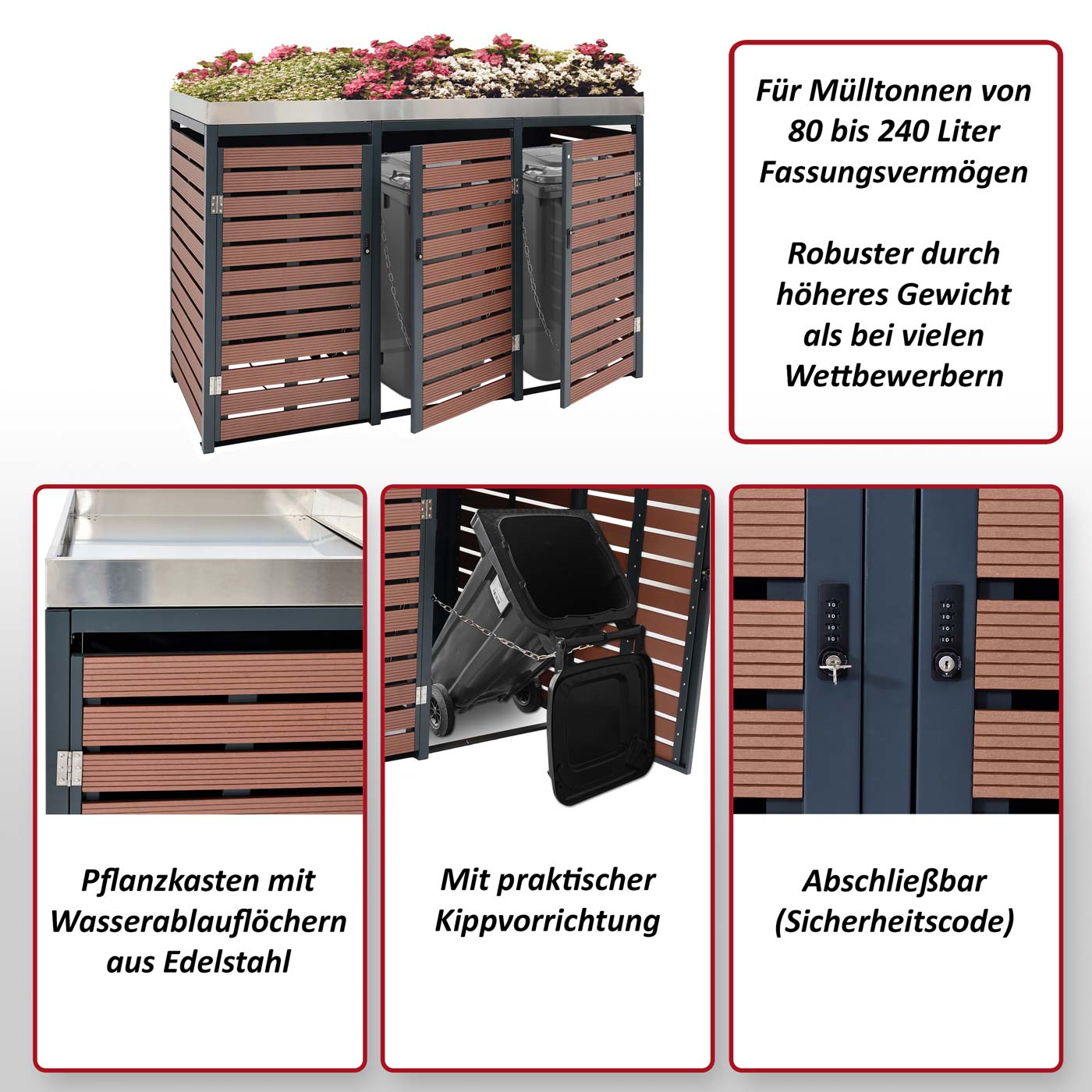 3er Mülltonnenverkleidung MCW-K14, Mülltonnenbox mit Pflanzkasten, 124x200x84cm WPC Edelstahl 107kg ~ Teak-Optik