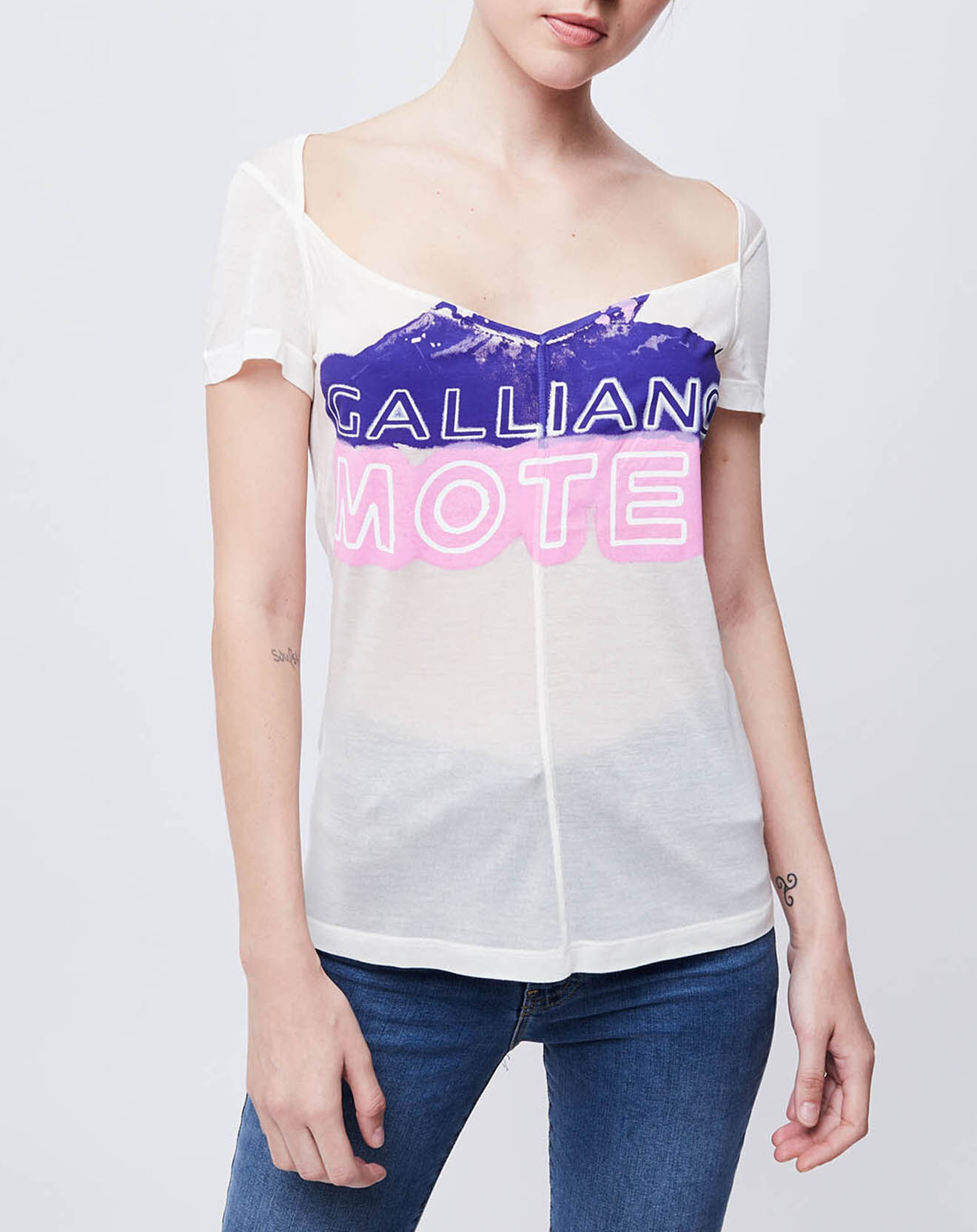 John Galliano T-Shirt fin imprimé blanc cassé/rose/violet