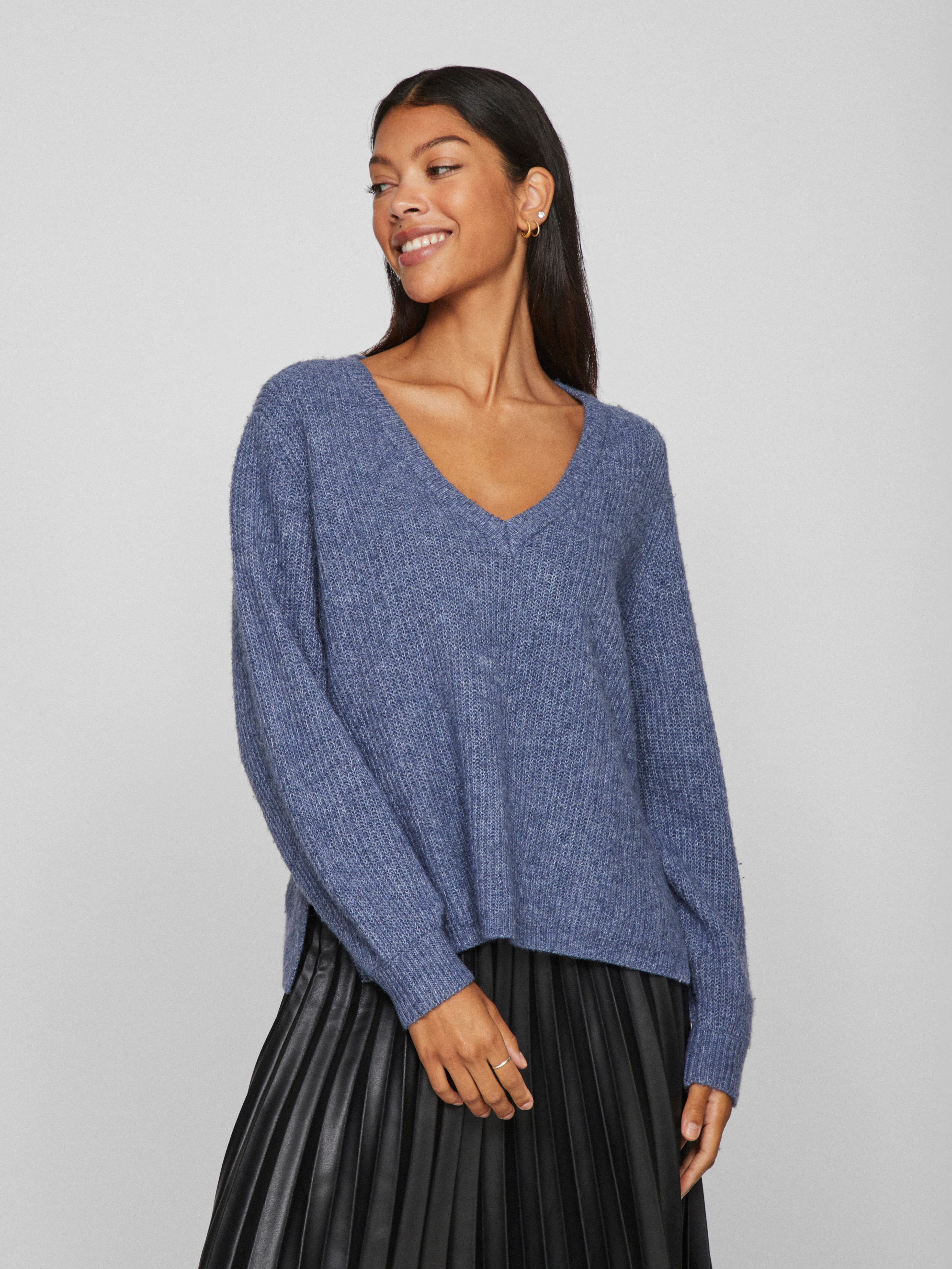 Vila  Vibeluna V-neck Rev L/S striktrøje - Bijou Blue