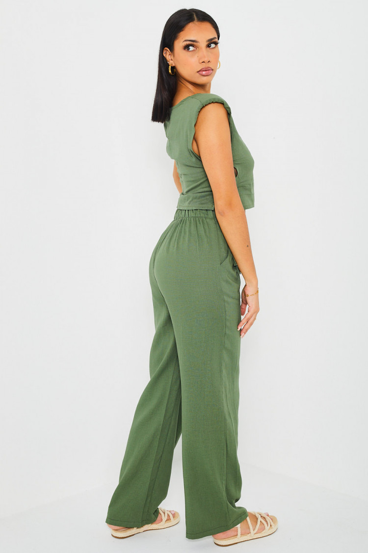 Ensemble 2 pièces crop top + pantalon kaki en lin