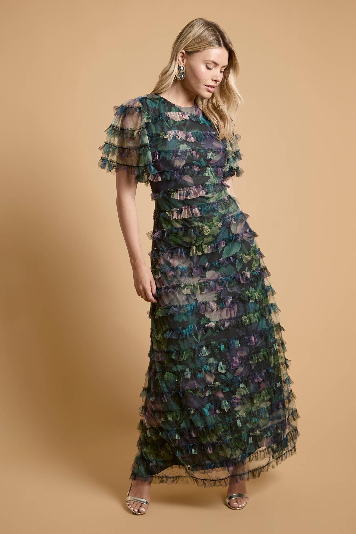 Oasis Robe Longue En Mesh À Imprimé Floral Avec Volants