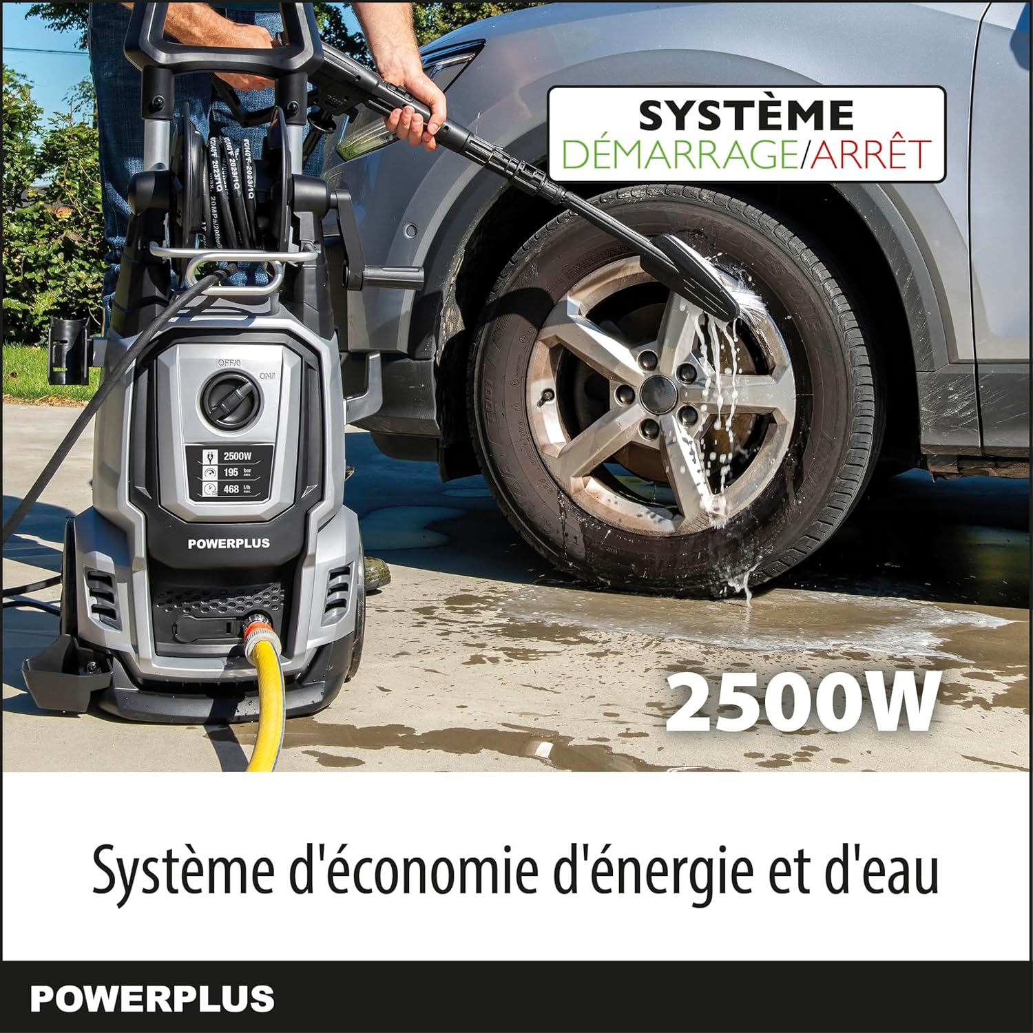 Powerplus Elektrischer Hochdruckreiniger POWXG90426-2500 Watt Terrassenreiniger, Start/Stopp-Funktion, Max. 195 Bar Druck und 50°C Temperatur, 8 m Schlauch und Zubehör inbegriffen