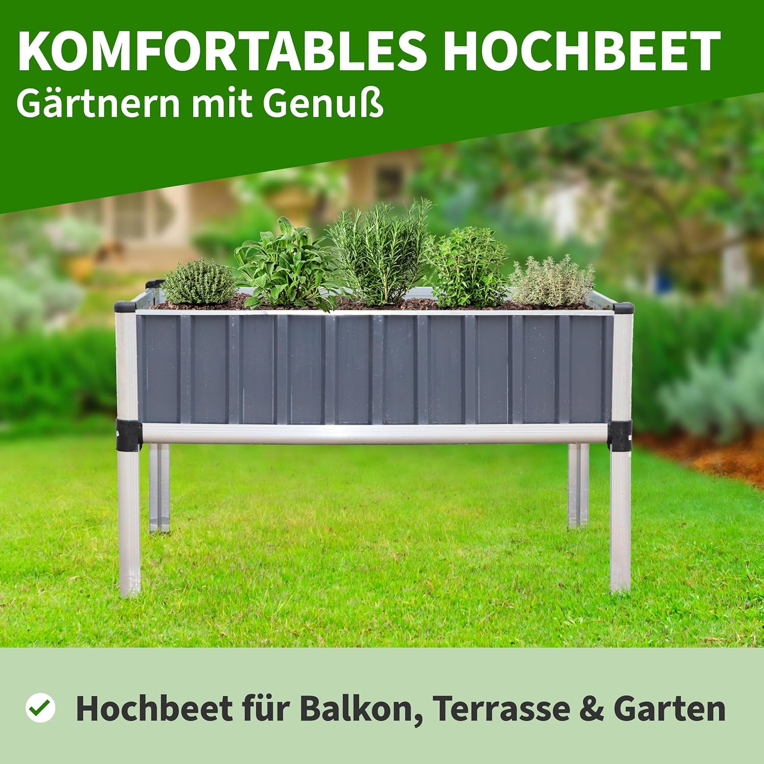 TTL GARDEN Superior XL 112x60x80cm Hochbeet aus Metall - Anthrazit-Silber Alu + Stahl verzinkt & lackiert - Frühbeet Pflanzkasten Kräuterbeet Blumenbeet Blumenkasten für Garten Balkon Terrasse