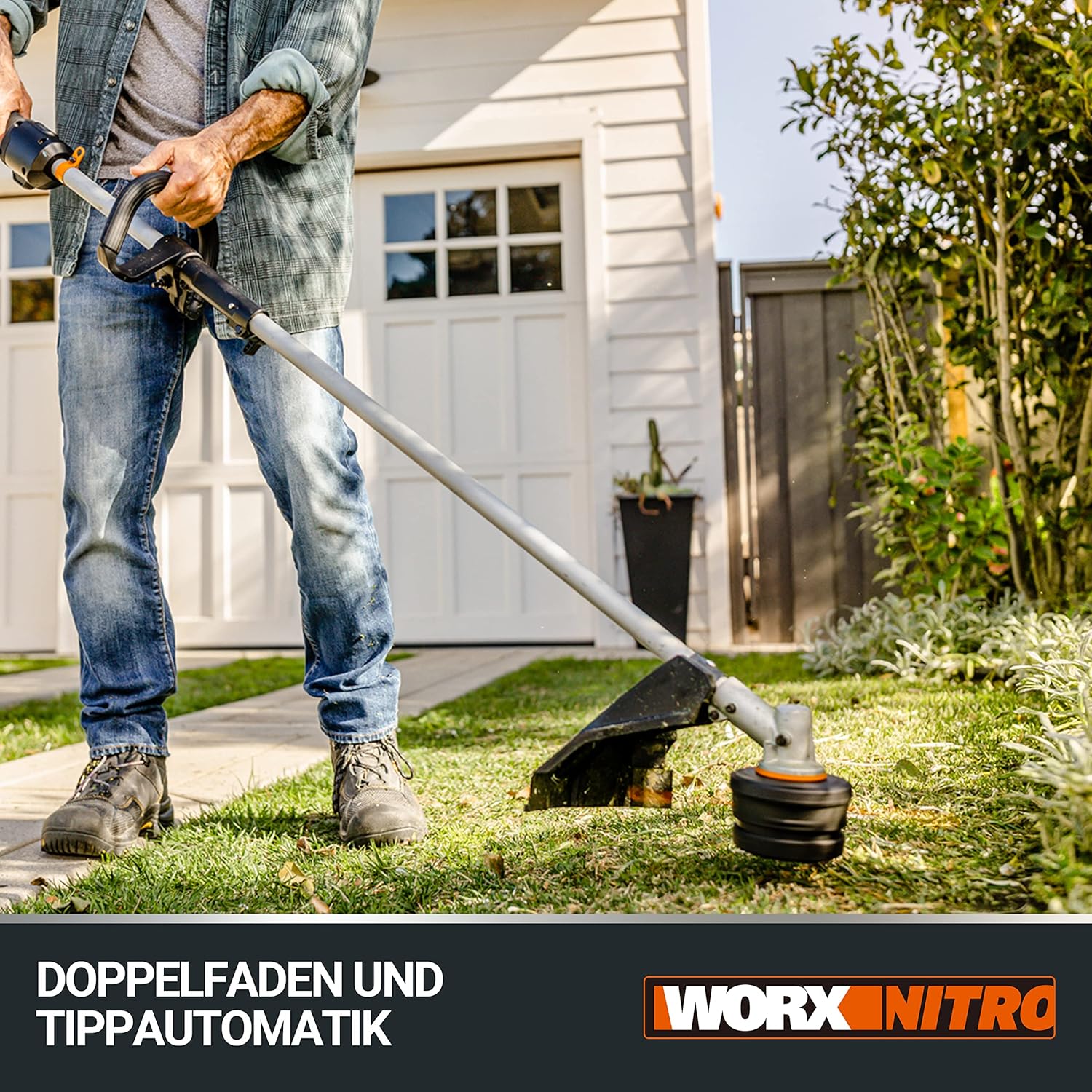 WORX Nitro WG186E.92 Akku Sense Rasentrimmer & Freischneider 40V (2x20V) - leistungsstarker bürstenloser Motor - Diverse Aufsätze - schneller Fadenwechsel - 38cm SchnittkreisØ - ohne Akku & Ladegerät