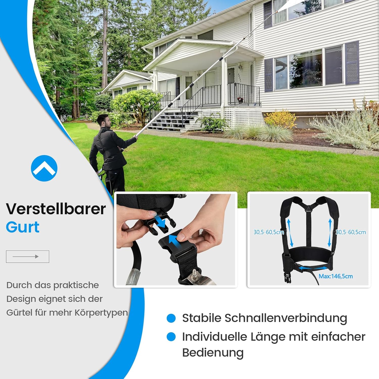 COSTWAY Teleskopstab für Hochdruckreiniger 550 cm, Verlängerungsstab Set mit 5 Sprühdüsen & 2 Adaptern & Kupplung & Stützgurt, Teleskop-Hochdruckreiniger für Dachrinnen, Untersichten, Wände