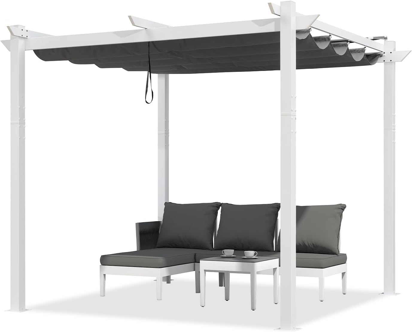 PURPLE LEAF Pergola 3 x 3 m aus Weiß Rahmen, Pavillon Aluminium Pergola Sonnenschutz Überdachung mit Einziehbarem Dach, Terrasse Pergola mit Markisenschutz, UV Beschattung, Grau
