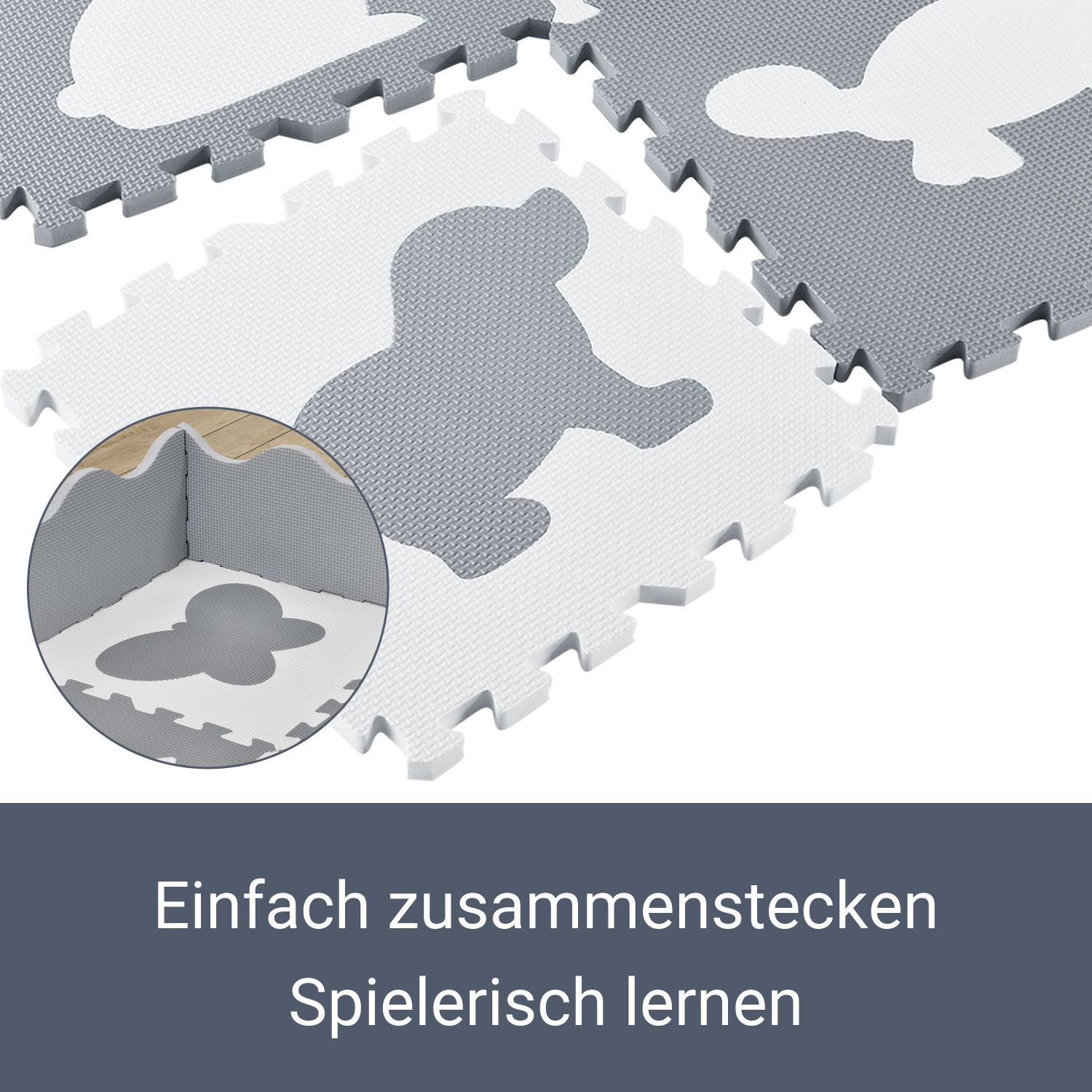 Juskys Kinder Puzzlematte Timon 36 Teile mit 16 Tieren - rutschfest – grau weiß
