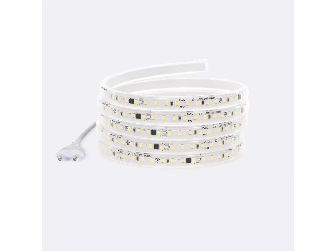 Ruban LED Dimmable Auto-redressement 220V SMD2835 120LED/m 1000 lm/m IP65 Largeur 12mm sur mesure Coupe tous les 10cm 2700K Blanc chaud 25 m