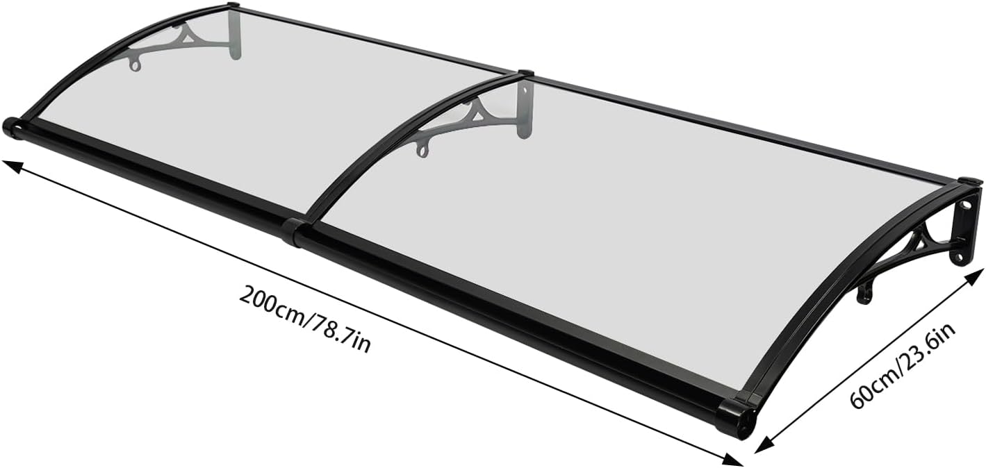 Vordach für Haustür 200x60 cm, Überdachung Haustürvordach, Polycarbonat Überdachung, Aluminiumlegierung Halterung, UV-Schutz, Regenschutz, Schneeschutz (Transparentes Überdachung + Schwarze Halterung)