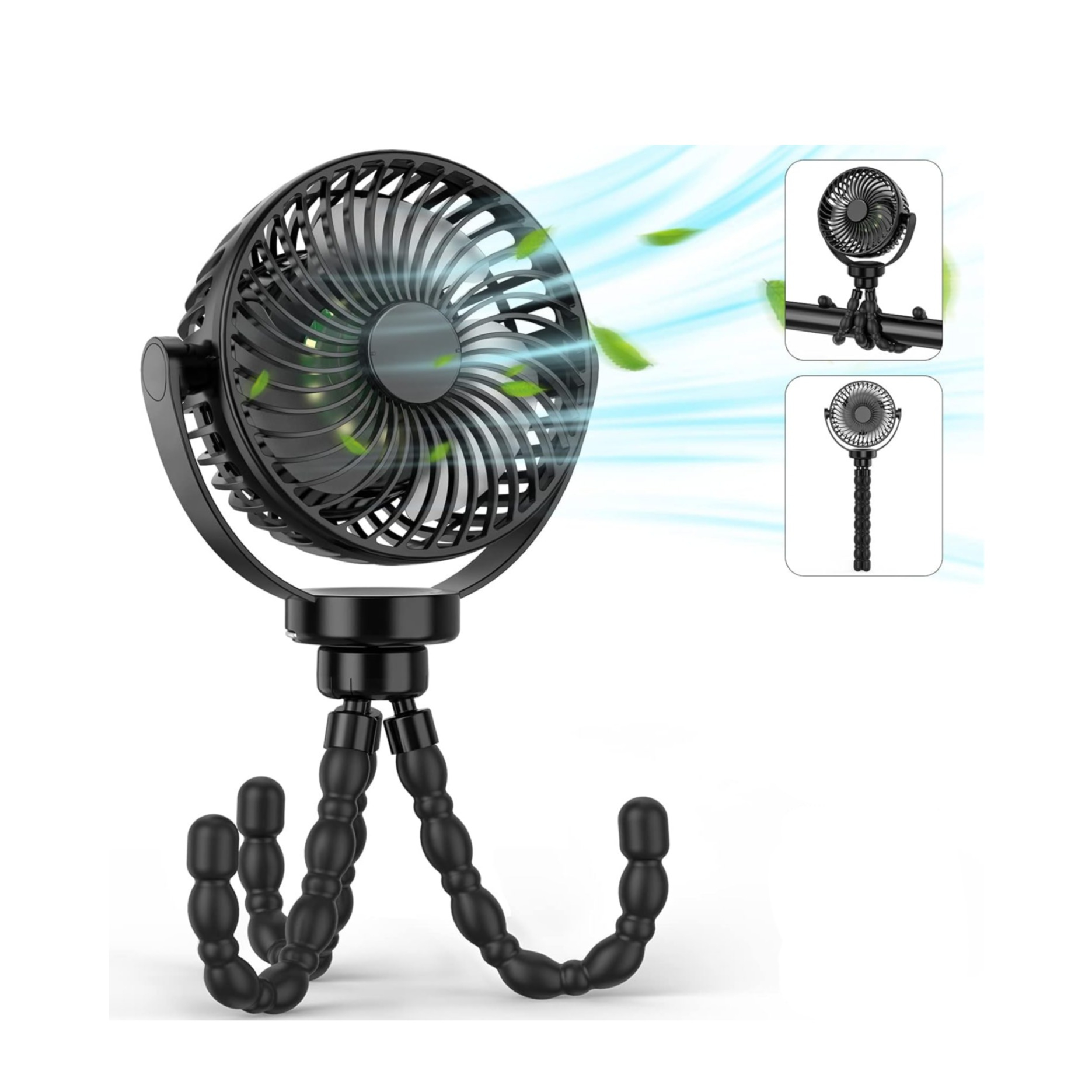 (500mAh) USB Ventilator Wiederaufladbarer LED Lüfter mit Octopus Tripod Standfuss / 3 Geschwindigkeitsstufen - Schwarz