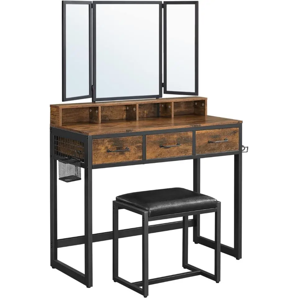Parya Home Vintage Kaptafel met 3-delige met klapspiegel