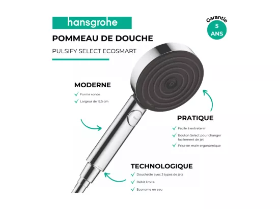 Pommeau de douche HANSGROHE Pulsify Select EcoSmart 105 3 jets Relaxation blanc mat + flexible de douche HANSGROHE Designflex 200 cm blanc mat