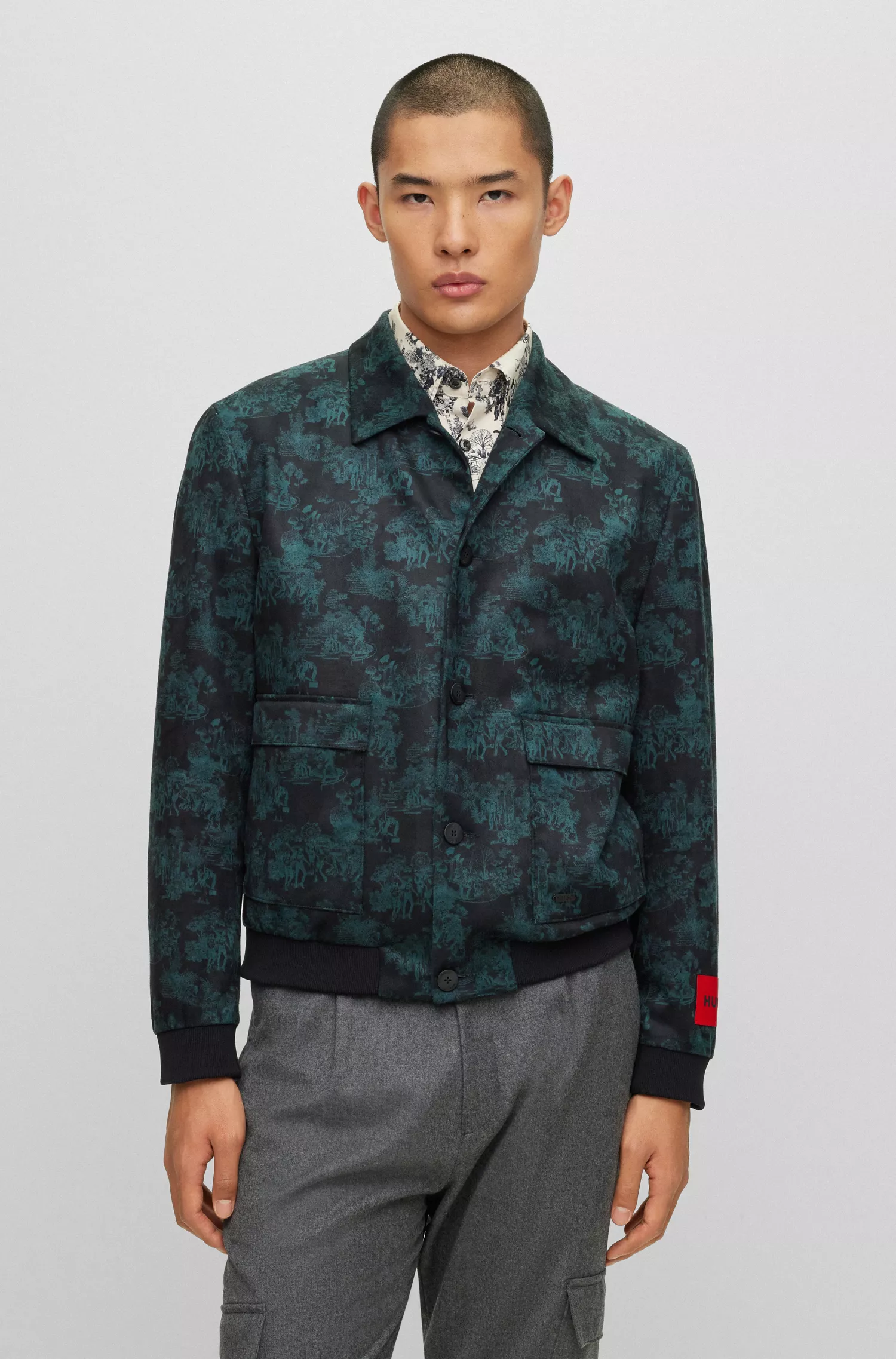 Jaqueta HUGO Red-Slim-fit em jersey com estampa toile de jouy