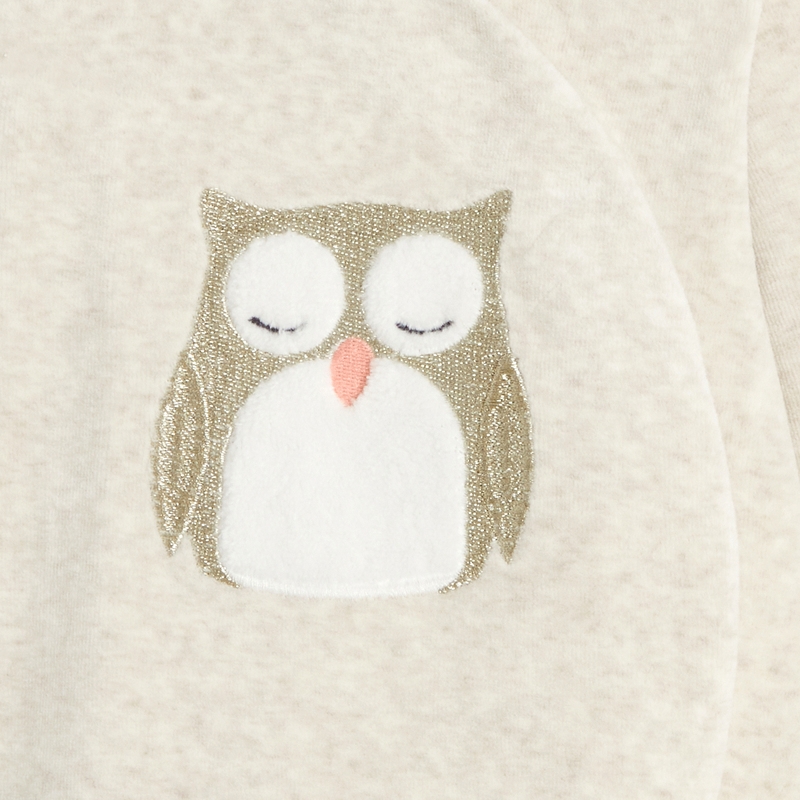 Dors-bien hibou en velours beige bébé fille