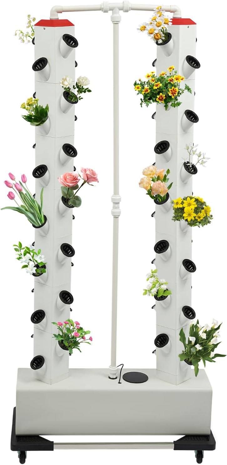 Hydroponic System 56 Löcher 7 Tier Erdloses Anbausystem Grow Kit, Aeroponik-Turm Hydroponisches Anzuchtsystem mit Hydratisierungspumpe, Timer, Adapter, Saatbett und Netztöpfen