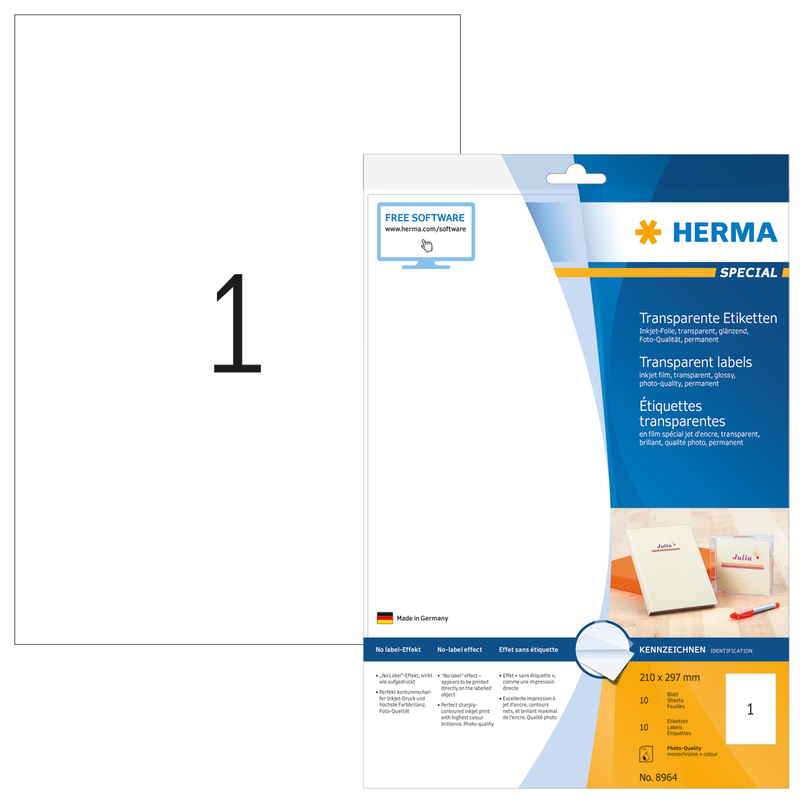 Herma Etiketten transparent, 8964, 210 x 297 mm, 10 Blatt