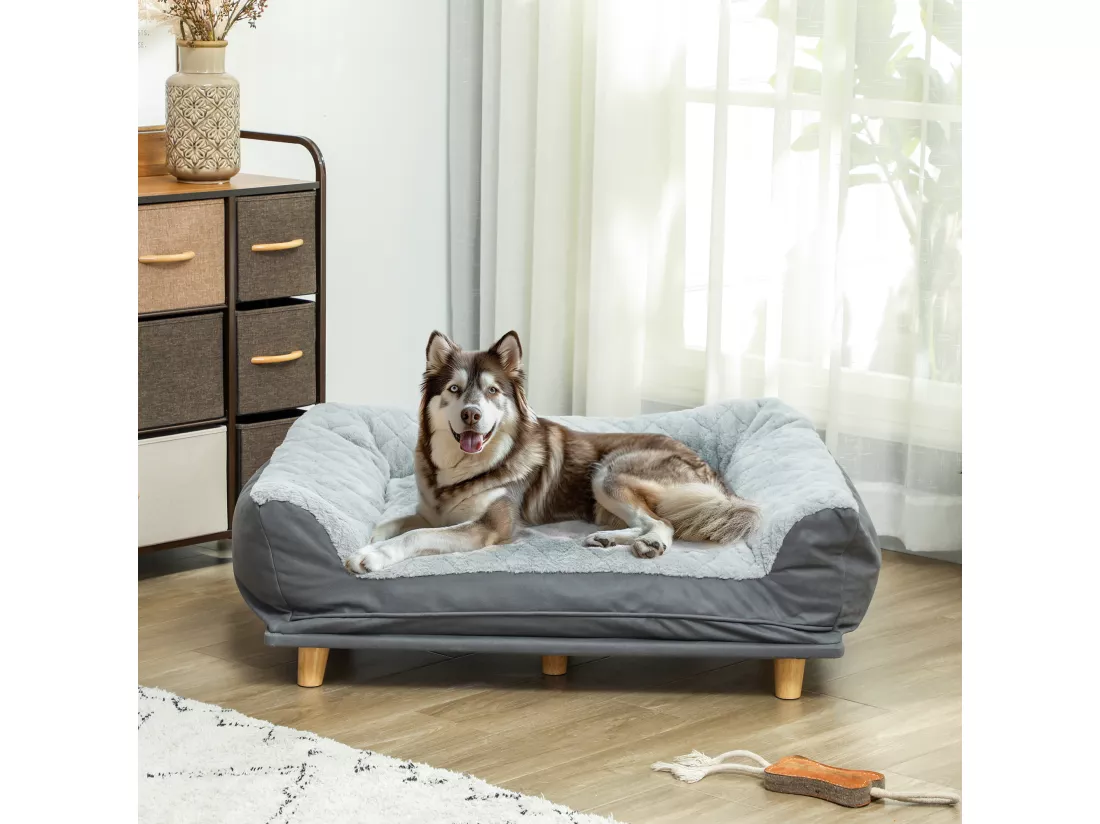 Canapé pour chien grande taille dim. 100L x 70l x 30H cm - housse zippée lavable - bois polyester gris