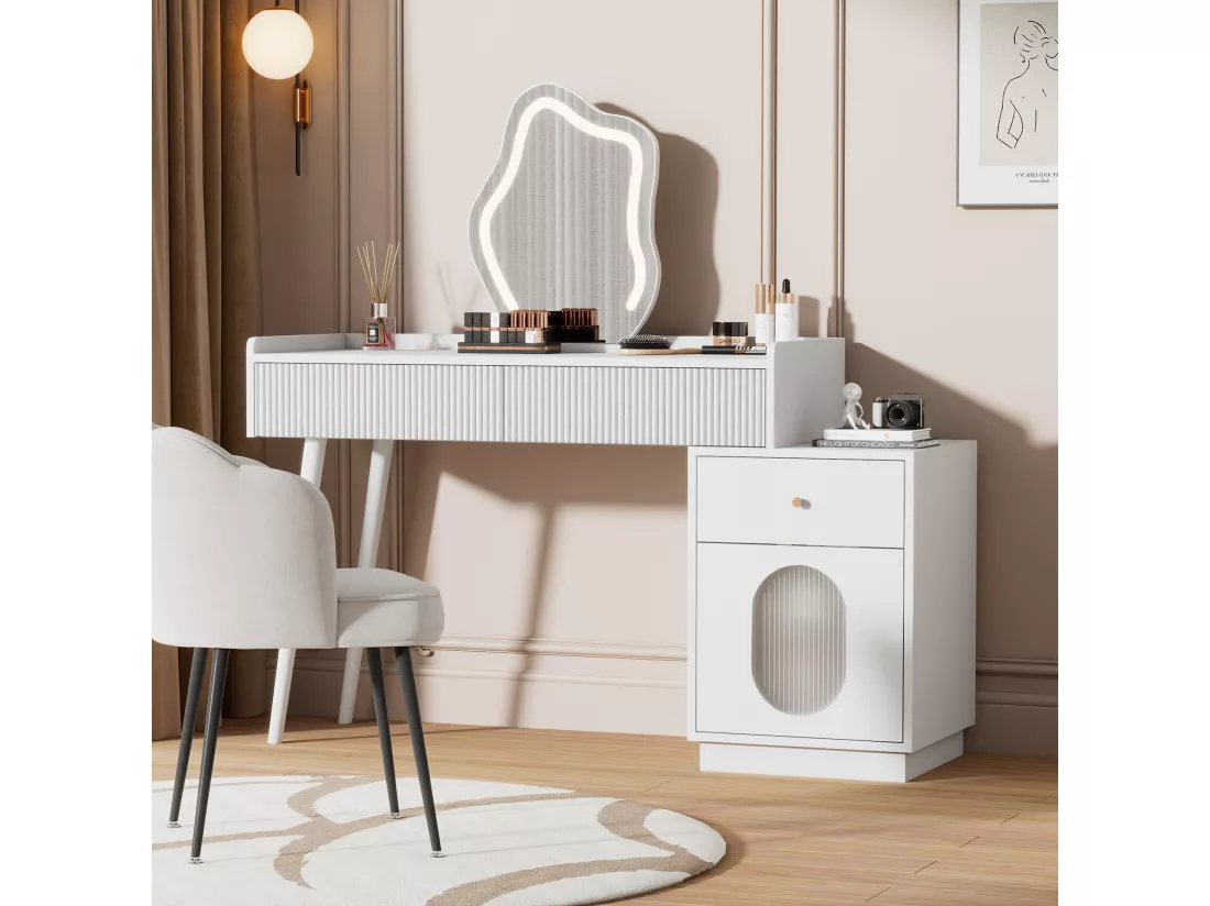 Coiffeuse avec miroir à LEDs - 3 tiroirs spacieux et une porte - Panneaux de particules - Blanc