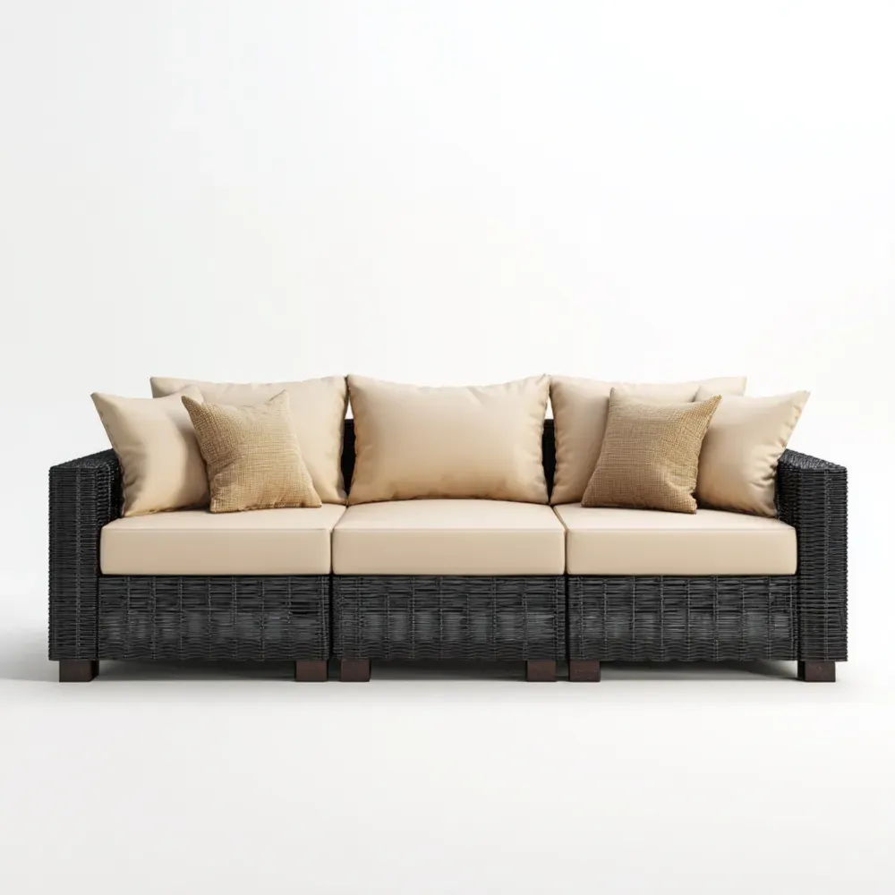 Dreisitzer-Gartensofa Rattan 190x85x75 cm - Beige/Schwarz Polsterung - Moderner Stil