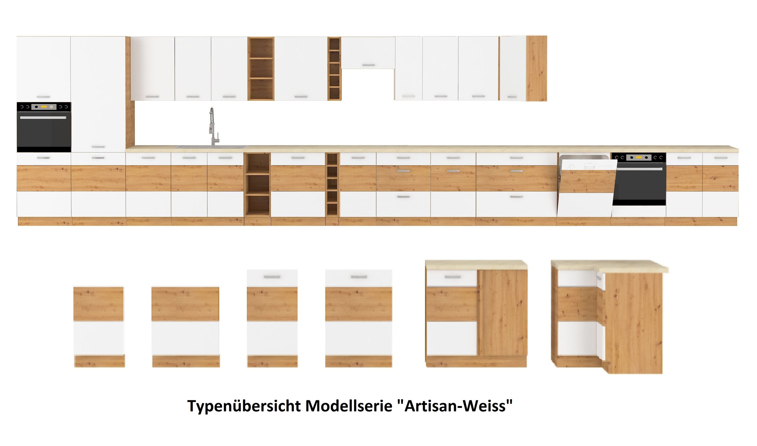 Hängeschrank 50 cm Eiche Artisan + Weiß Hochglanz Küchenzeile Küchenblock Küche