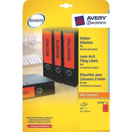 Avery Zweckform L4766-20 Ordnerrücken Etiketten A4, mit ultragrip, 61 x 192 mm, breit/kurz, 20 Bogen/80 Etiketten, rot