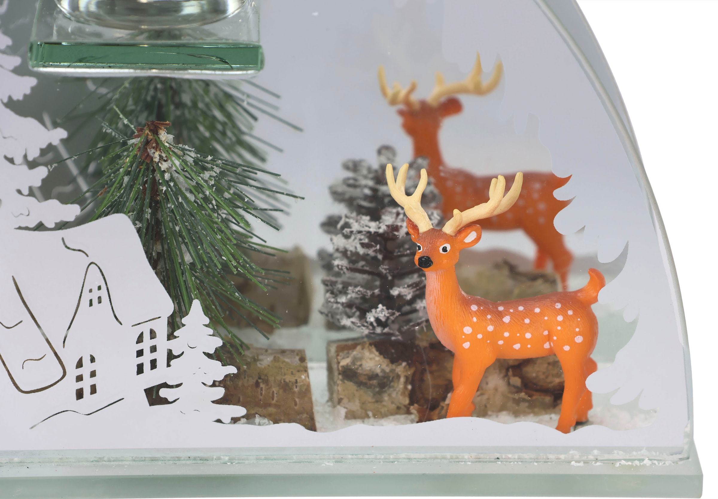I.GE.A. Teelichthalter »Weihnachtsdeko, Kerzenhalter, Deko-Objekt« aus Spiegelglas, mit Hirsch-Deko in Winterlandschaft, Höhe ca. 15 cm