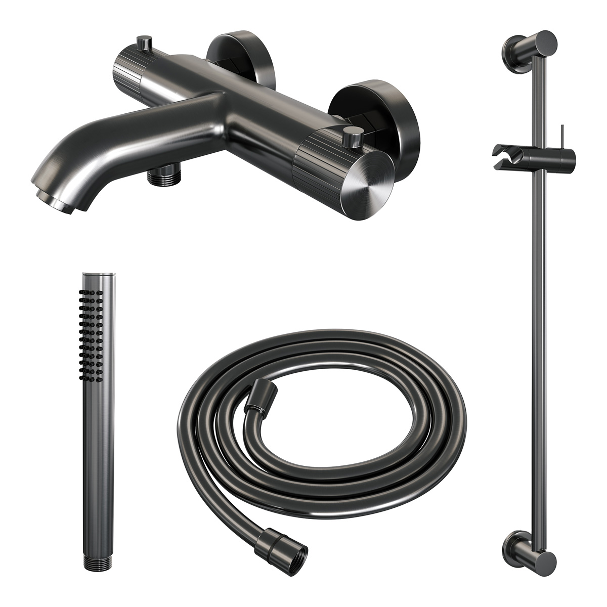 Brauer Stripe thermostatische badkraan met glijstang en staafhanddouche gunmetal geborsteld PVD