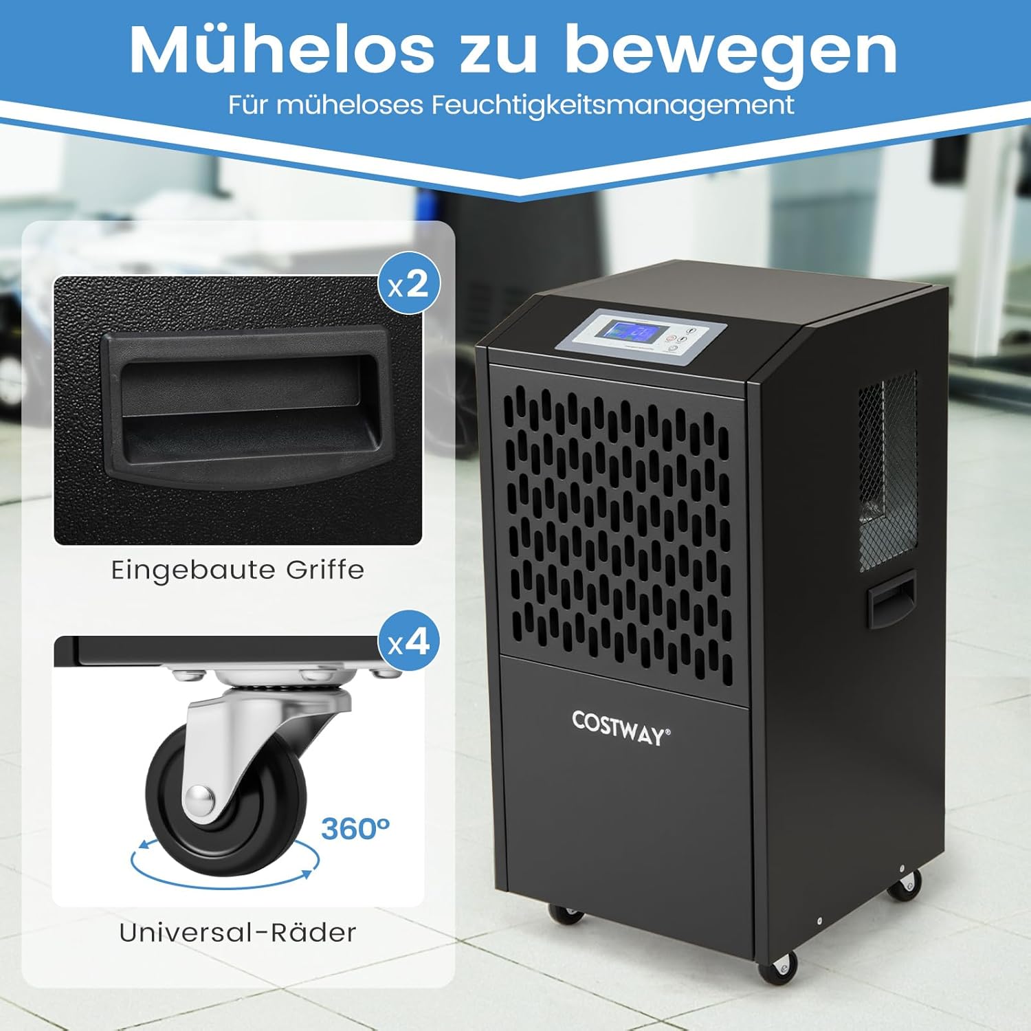 COSTWAY 118 L/Tag Bautrockner, Luftentfeuchter kommerziell mit Ablaufschlauch, 24H Timer und 4 Rädern, Entfeuchtungsgerät Industrie Trocknungsgerät für Keller, Lager, Baustelle & Räume bis zu 790 m²