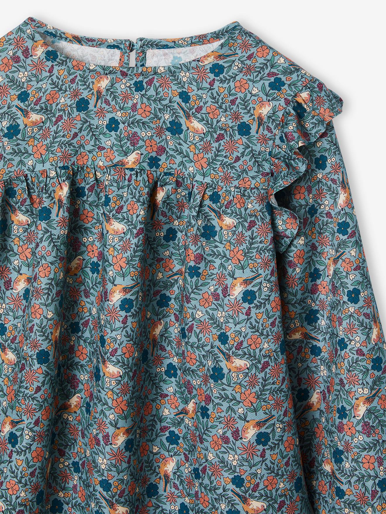 Blusa de manga comprida com flores, para meninas, azul escuro