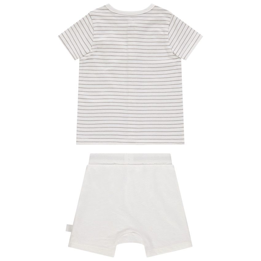 Ensemble en coton avec t-shirt rayé et short uni pour bébé garçon - Ecru