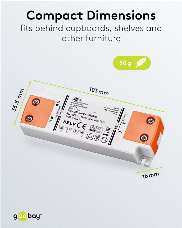 LED Trafo Transformator Netzteil 15W / 12V / 1.25A  für LED Beleuchtung (30005) (IP20) - Weiss / Orange