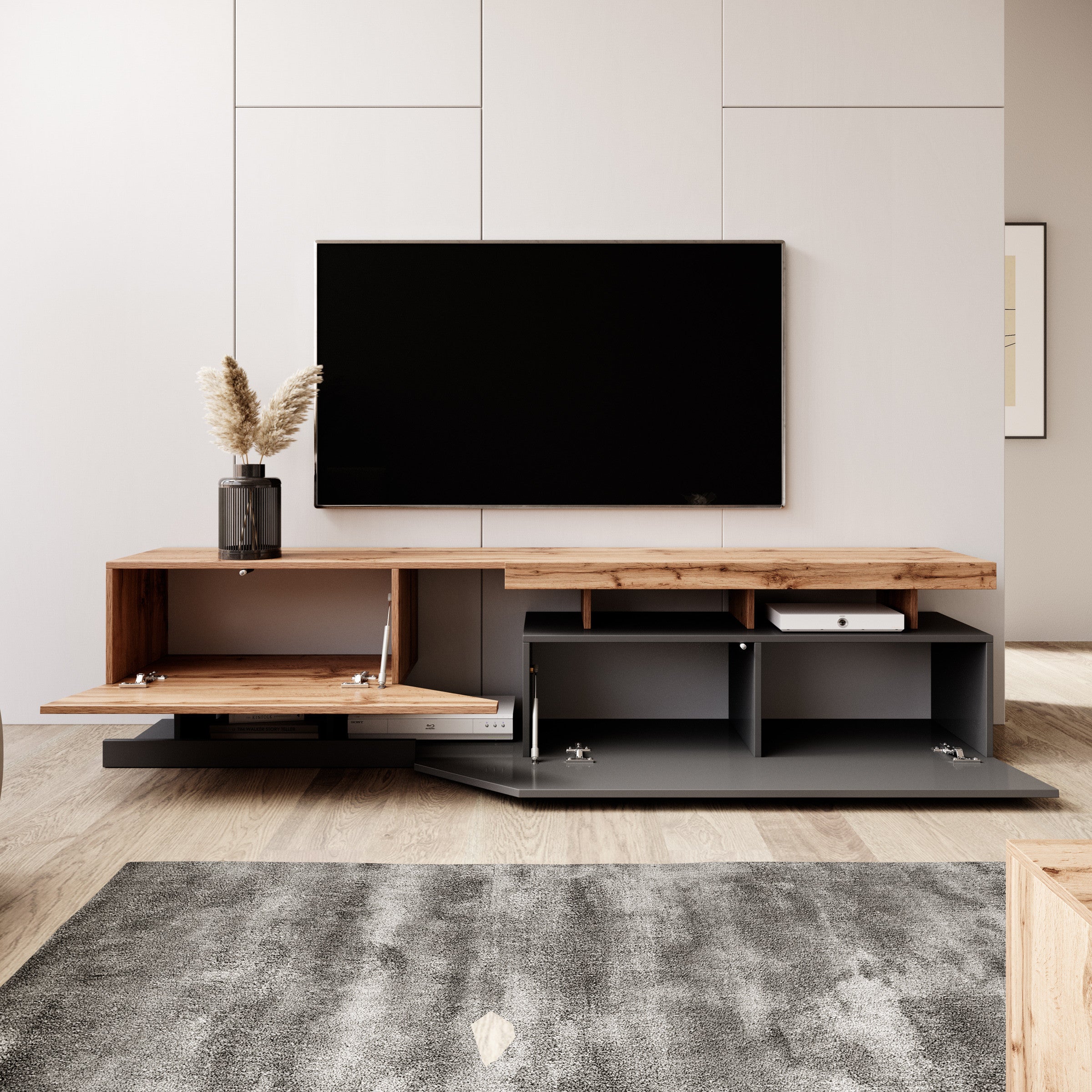 Meubella - TV-Meubel Canberra - Eiken - Antraciet - 200 cm