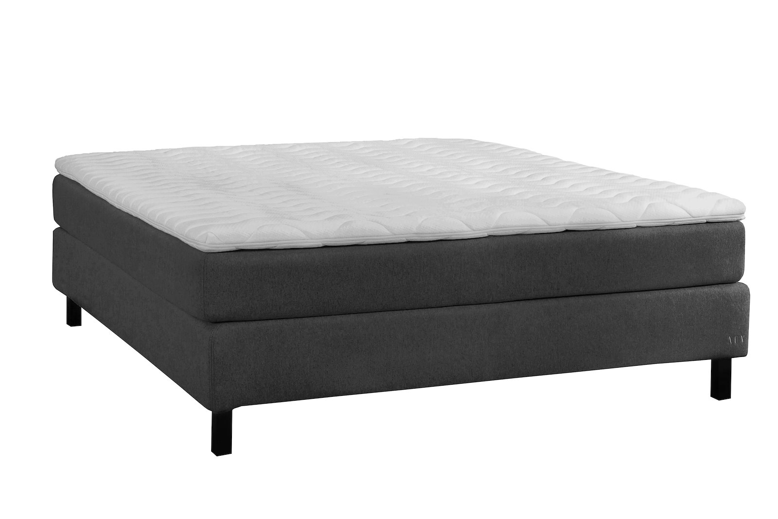 Komfort 3 kontinentalseng Tekstil Primo Mørk Grå 96, medium/fast, XOV Komfort 3 overmadrass og sorte ben 15 cm