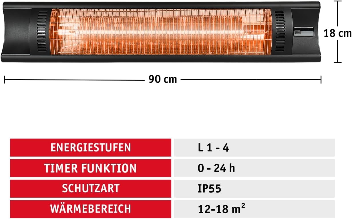 WALTER Professional Infrarot Wandheizstrahler 2000 W, 4 Stufen, Karbon Infrarot-Technologie, Terrassenheizstrahler für Innen- und Außenbereich, Timer Funktion, mit Fernbedienung, inkl Wandhalterung