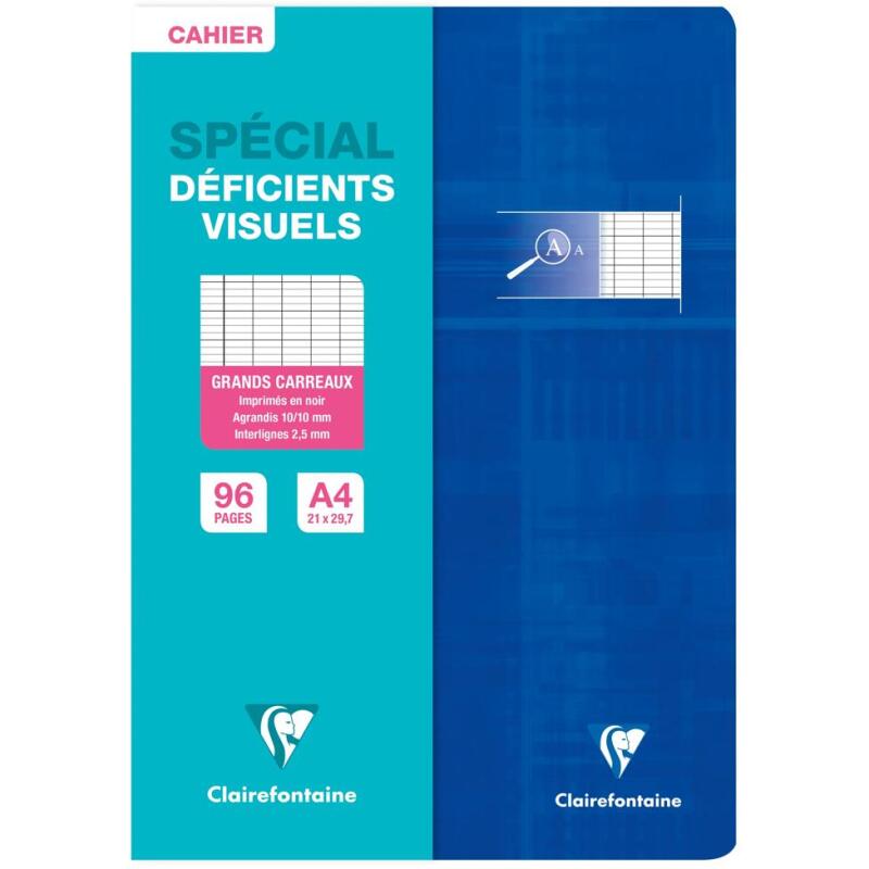 Cahier piqué spécial déficients visuels A4 96 pages grands carreaux 2 ,5mm agrandis 10x10 - Assortis