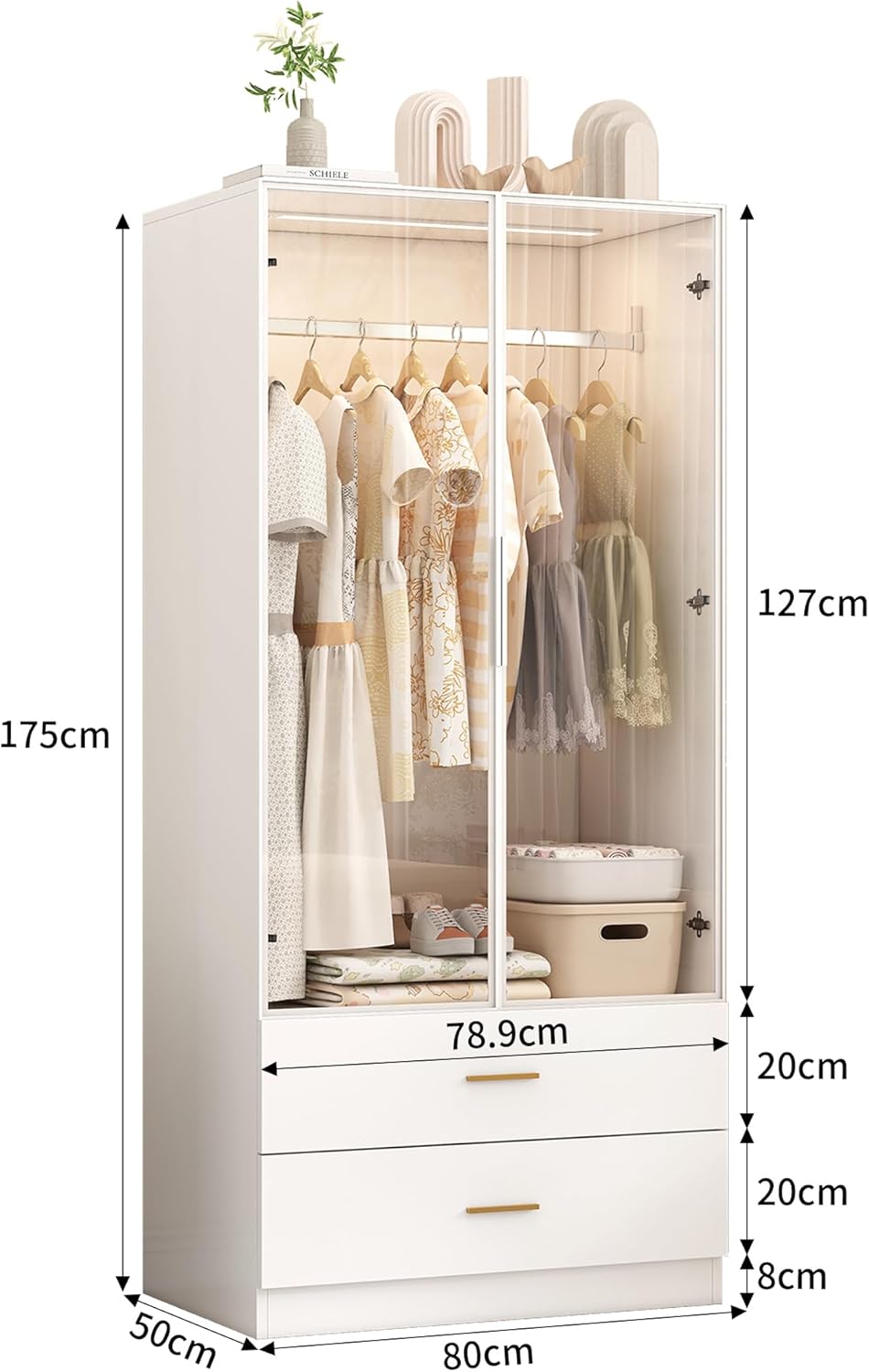 Kleiderschrank mit LED-Beleuchtung,Vielseitiger Drehtürenschrank mit 2 Türen aus gehärtetem Glas,Glasschrank mit Kleiderstange,Wardrobe closet mit 2 Schubladen,Schrank Mehrzweckschrank (Weiß-1)