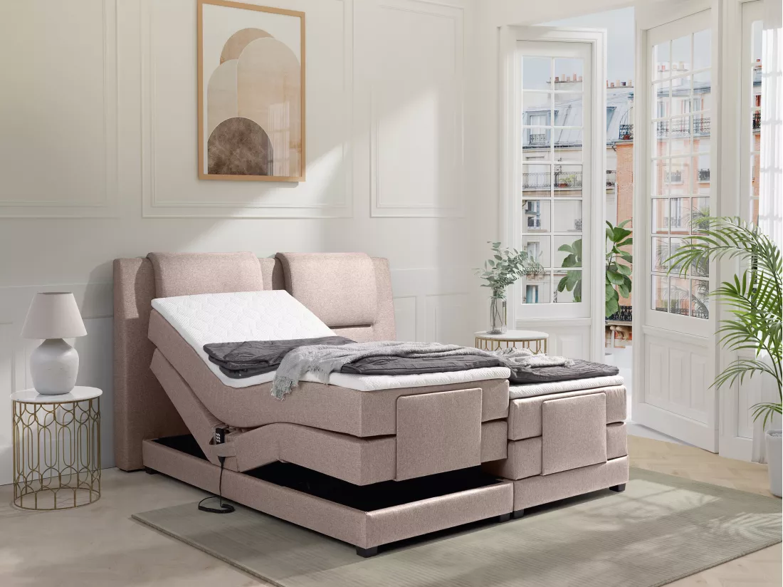 Ensemble complet boxspring tête de lit + sommiers relaxation électrique + matelas + surmatelas - 2 x 80 x 200 cm - Tissu - Beige - CASTEL II de PALACIO