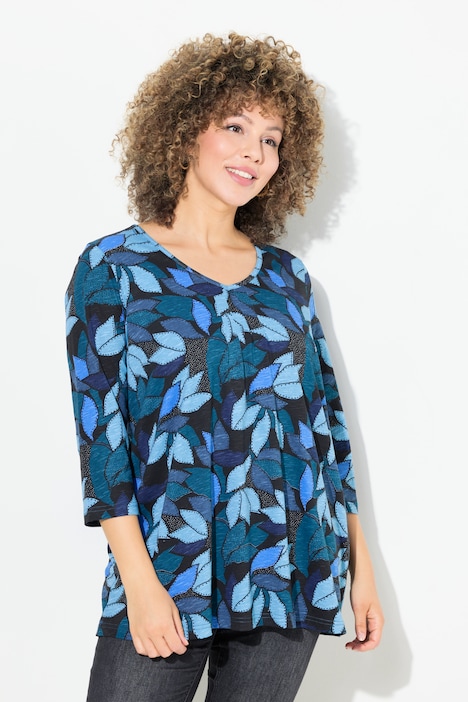 Shirt, Blätter, A-Linie, V-Ausschnitt, 3/4-Arm