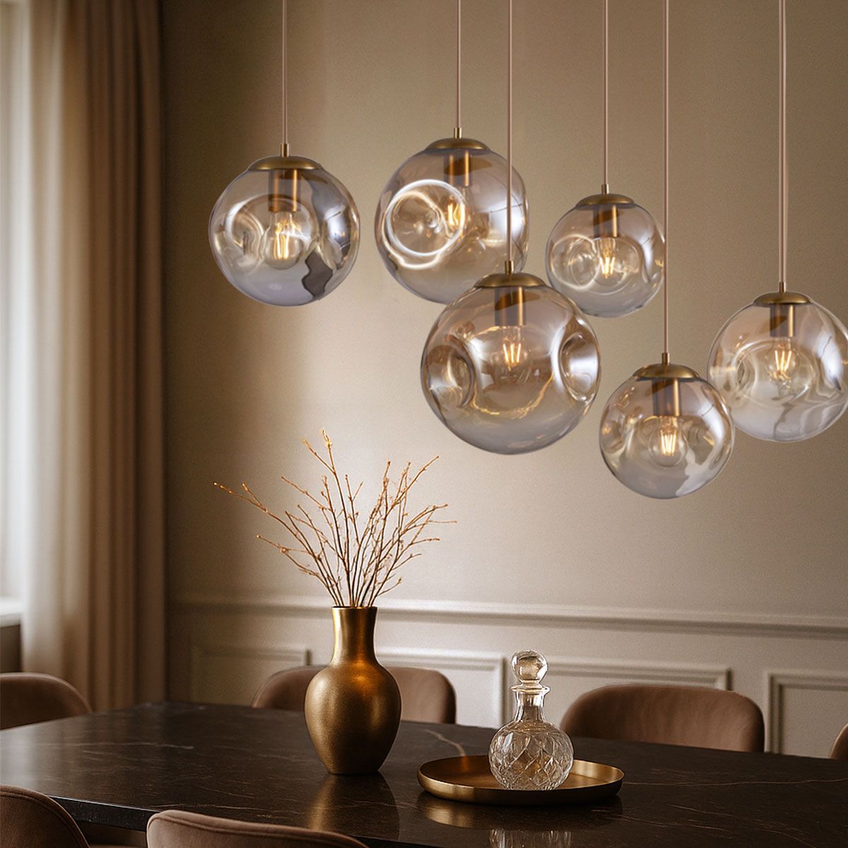 Art deco hanglamp messing met ovale plafondplaat en amber glas 6-lichts - Douglass