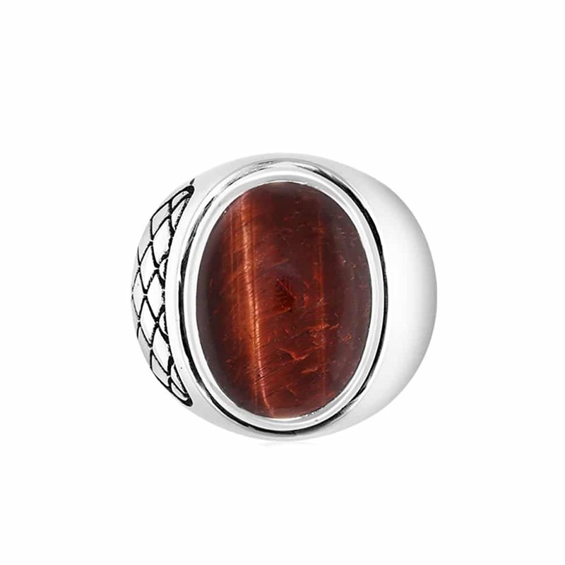 Bague Homme oeil De Tigre Rouge Asymétrique Argent