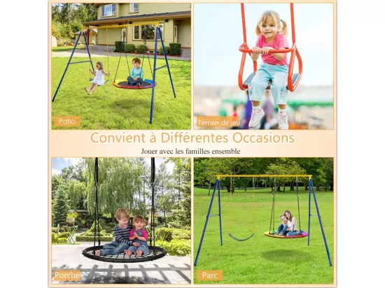 Portique avec Balançoire Nid d'Oiseau Ronde Ø100CM Balançoire Ceinture 1,2m pour Enfant Charge 300KG 2 Méthodes de Fixation