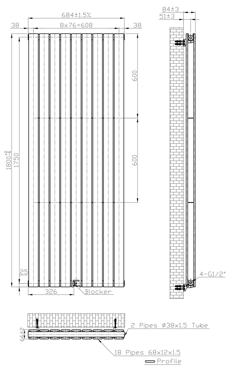 Eastbrook Warrington paneelradiator type 20 70x180cm 3703W antraciet