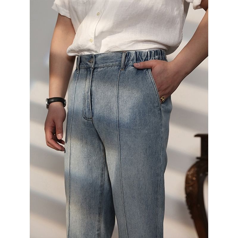 Zentrus - Mid Rise Washed Cropped Straight Leg Jeans / Effen Broek