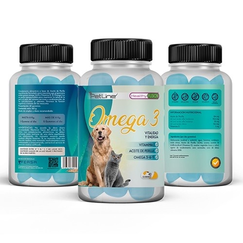 Suplemento Pet Line Ômega 3 para pelos de animais de estimação saudáveis, fortes e brilhantes.