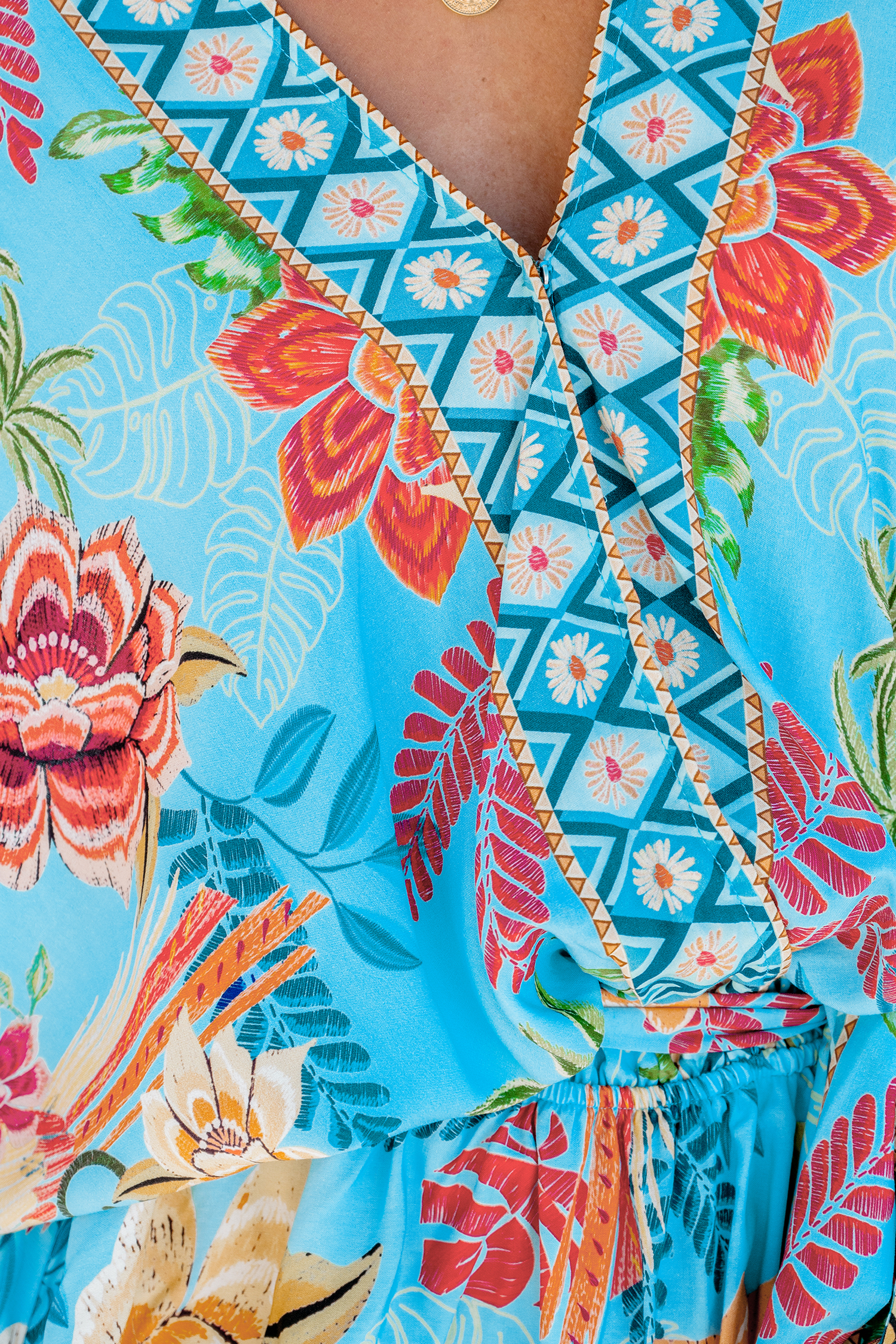 Robe mini à manches dolman tropicale bleue