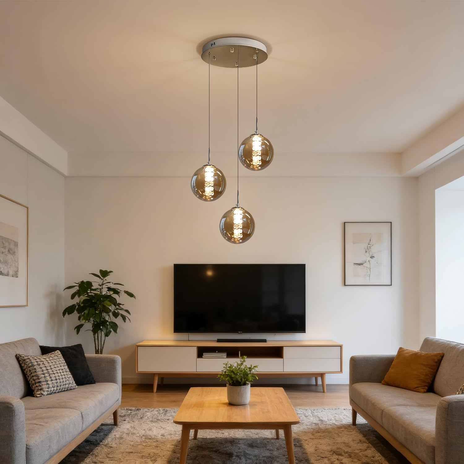 Pendelleuchte esstisch Pendellampe Höhenverstellbar Kronleuchter Hängeleuchte 3-Flammig aus Glas in Farbe Bernstein Küchen Wohnzimmerlampe Schlafzimmerlampe Flurlampe
