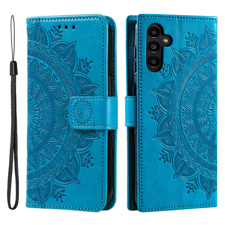 Samsung Galaxy A56 Leder Tasche Wallet - Mandala Flowers Imprint - Blau