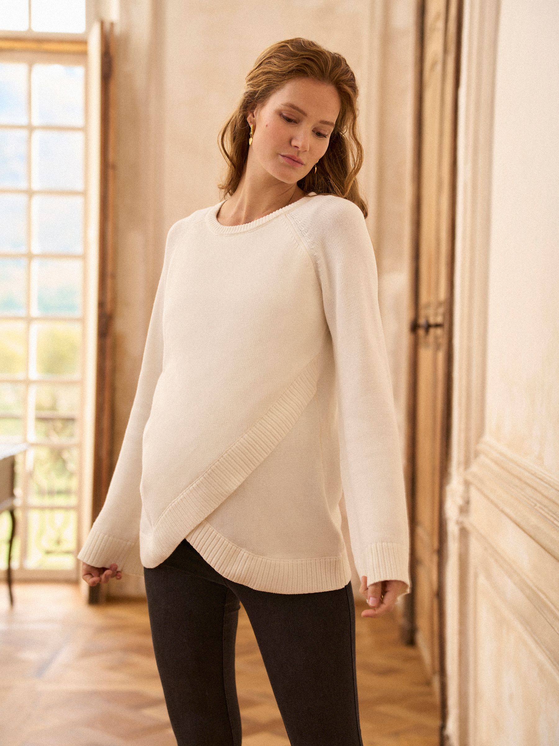 Crème - Seraphine Maternity & Nursing Cross Over Cotton Jumper