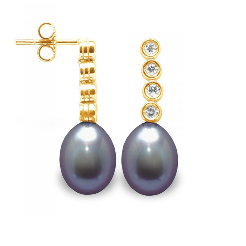 Boucles d'Oreilles Perles de Culture Noires, Diamants et Or Jaune 750/1000